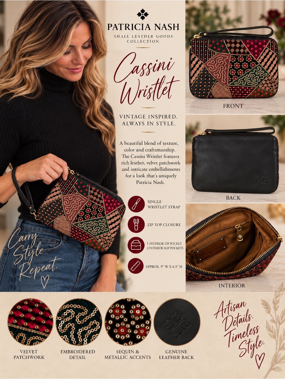 NWT Patricia Nash Cassini Velvet Patchwork Leather Wristlet Sequin Embroidered